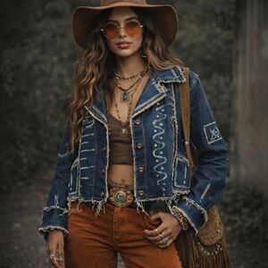 Vintage Linda Lundstrom Art Denim Jacket | Funky Boho Chic Statement | Raw Edge